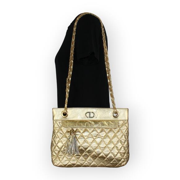 Vintage 80s Bags (3) Gold Quilted Sharif Red Patchwork Leather - Picture 3 of 16